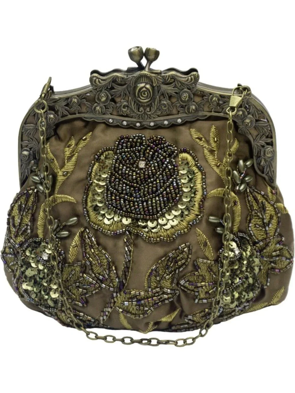 Vintage Rose Beaded Evening Clutch Purse | Art Deco Kiss Lock Bag for Weddings